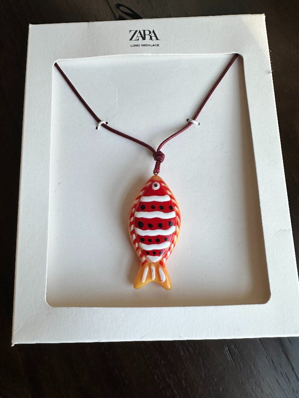 Zara Long Cord Necklace Resin Fish Pendant Charm Red Orange Striped Coastal NWT